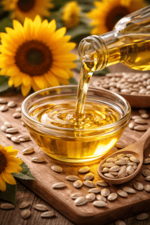 Bio Sonnenblumenkernöl wird in eine Schale gegossen
