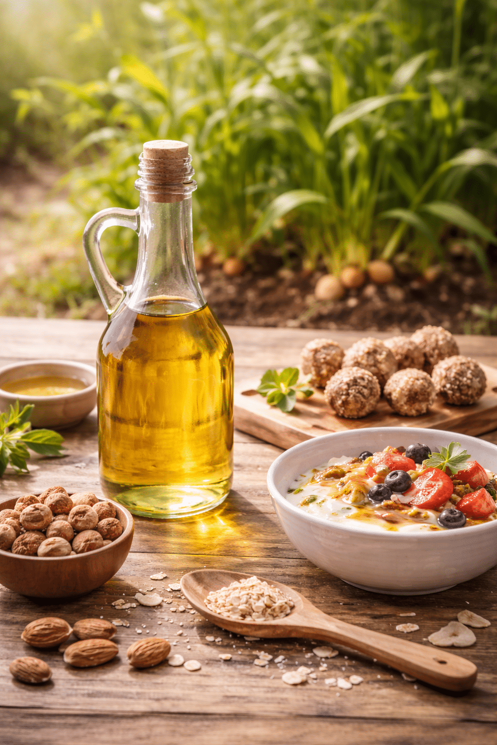 Erdmandelöl Flasche am Holztisch mit Erdmandeln
