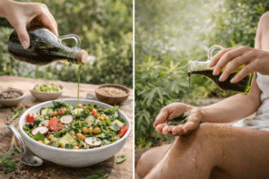 Bio Premium Hanfsamenöl in der Anwendung als Salatöl oder zur Körperpflege, Aura vom Land.