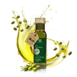 100 ml Flasche mit Bio-Olivenöl und Oliven