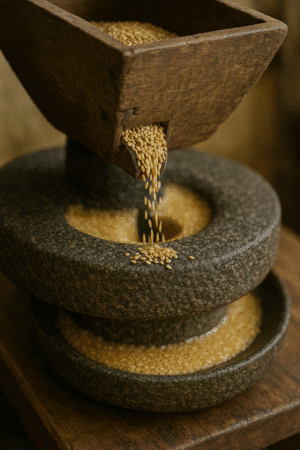 Kleine Steinmühle in der traditionell Bio Sesamöl gemahlen wird