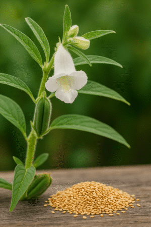 Sesamblüte mit Samen davor auf einem Holztisch