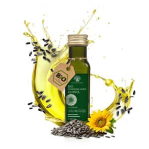 100 ml Flasche Bio Sonnenblumenkernöl mit Kernen und Blüte