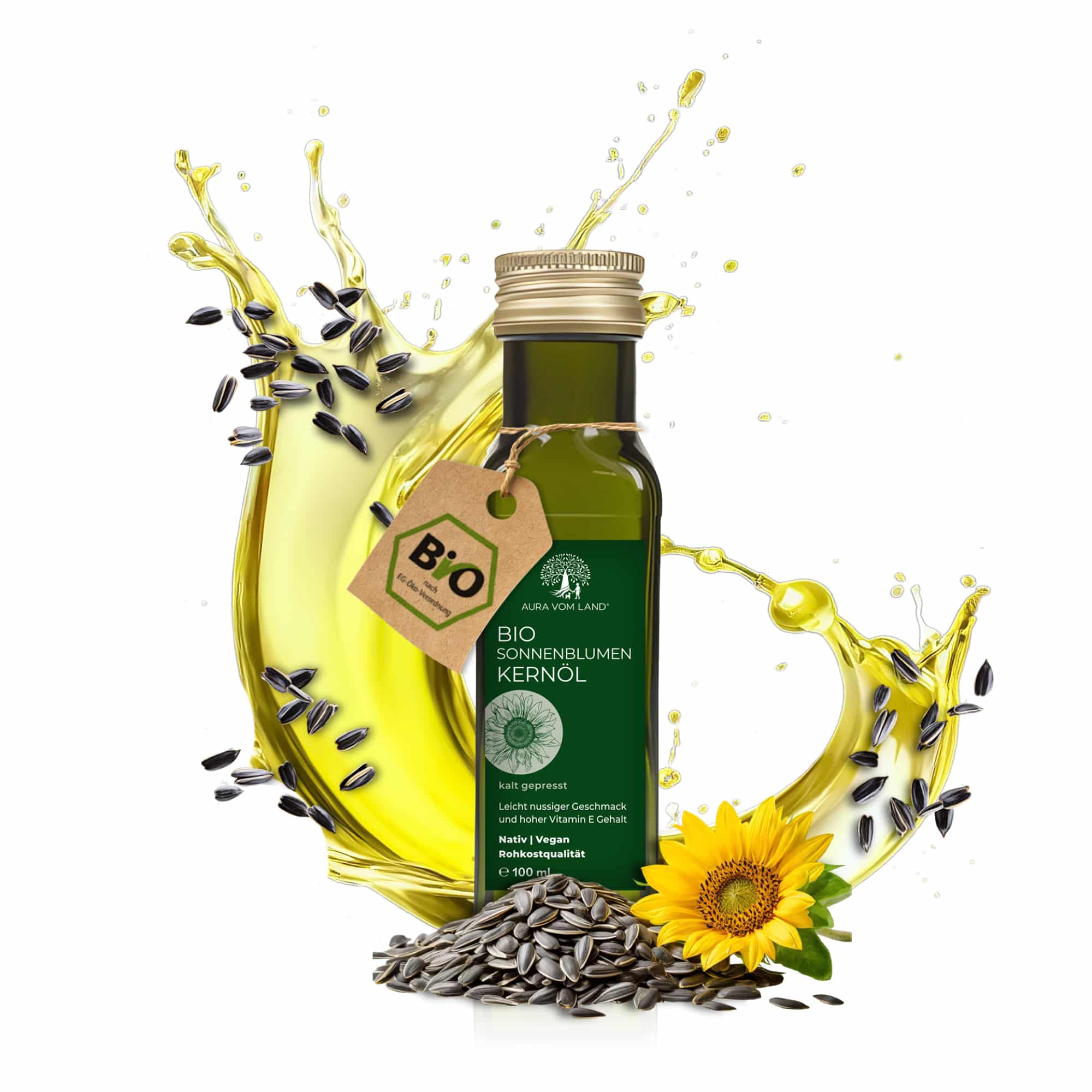 100 ml Flasche Bio Sonnenblumenkernöl mit Kernen und Blüte