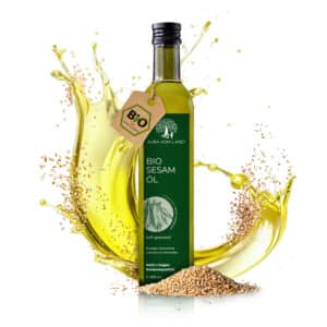 Bio Sesamöl von Aura vom Land – nativ, kaltgepresst, goldgelbes Öl in Glasflasche