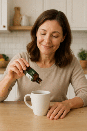 Frau mit Stevia flüssig und einer Tasse Kaffee
