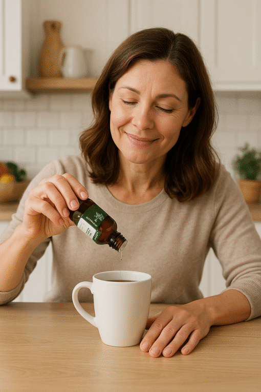 Frau mit Stevia flüssig und einer Tasse Kaffee