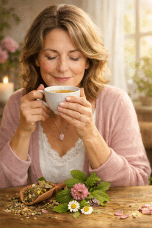 Eine junge Frau genießt eine Tasse wohlschmeckenden Bio Kräuter Frauentee