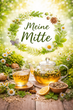 Eine Glaskanne mit Bio Kräutertee "Meine Mitte"