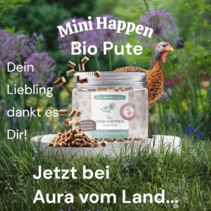 Bio Pute Mini Happen im 150 g Glas mit einer Pute im Hintergrund