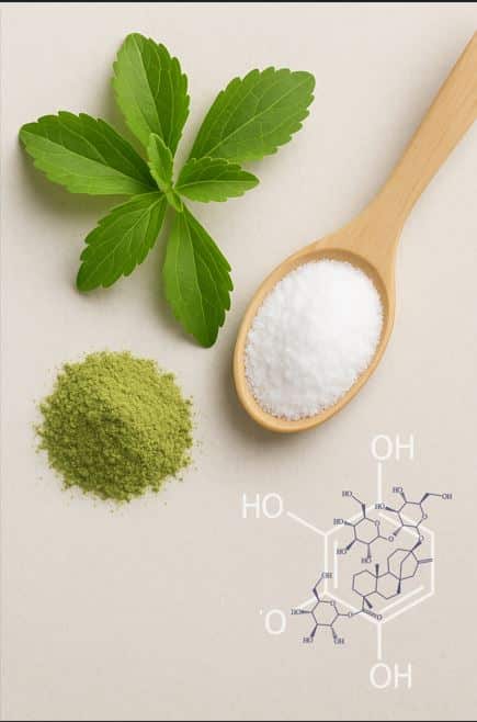 Stevia Pflanze und Pulver mit Holzlöffel