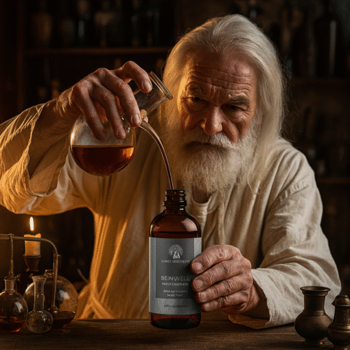 Weißhaariger Alchemist im Labor mit einer Beinwell Flasche
