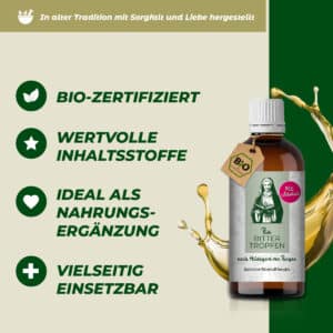 100 ml Flasche alkoholhaltige Bittertropfen nach Hildegard von Bingen in Bio-Qualität, mit 22 % vol. Alkohol und natürlichen Bitterstoffen.