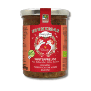 Winterfreude Bio Weihnachtsmenü für Hunde im 370-g-Glas mit Freiland-Pute, Süßkartoffel, Kürbis und Zucchini – festliches Winter-Nassfutter.