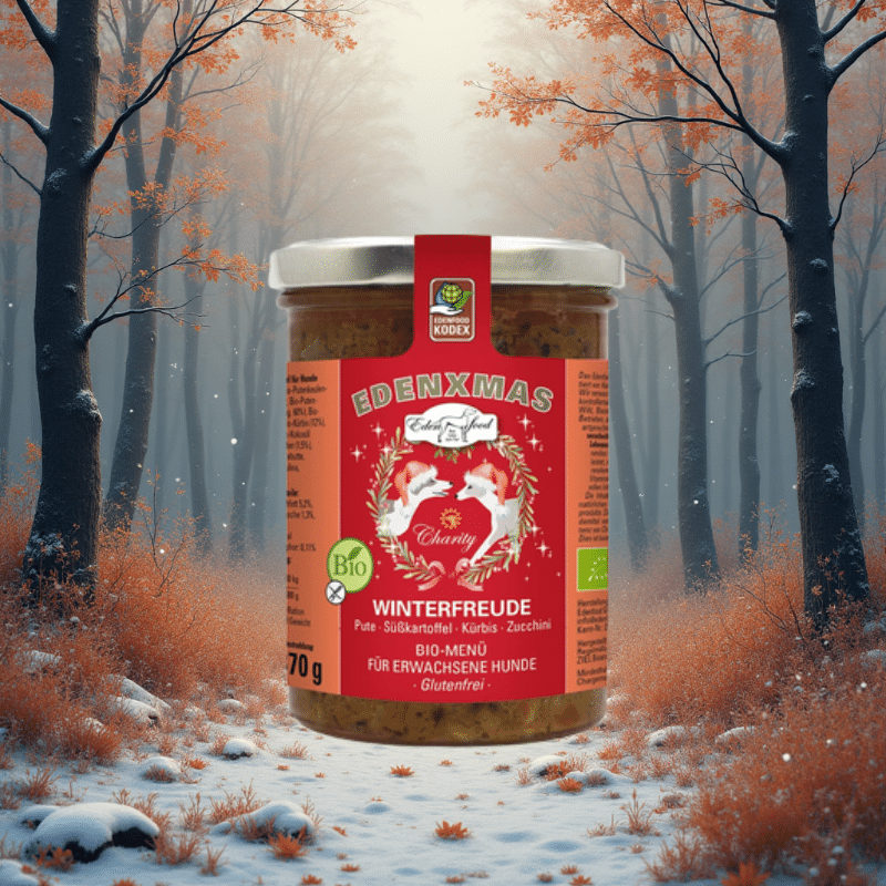 Winterfreude Bio Weihnachtsmenü für Hunde im 370-g-Glas im winterlichen Wald.