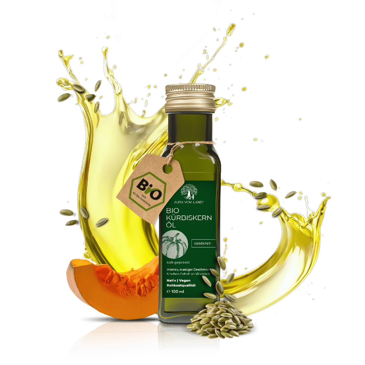 Kürbiskernöl Flasche 100 ml bio geröstet mkt Kürbis und Kernen im Vordergrund