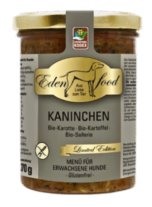 Natürliches Bio Hundemenü Kaninchen mit frischem Gemüse im Glas – hochwertiges Nassfutter für Hunde von Edenfood
