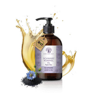 „Aura vom Land Bio Schwarzkümmelöl Körperpflegeöl in 200 ml Braunglas-Pumpflasche – naturreines, kaltgepresstes Öl aus ägyptischen Schwarzkümmelsamen.“