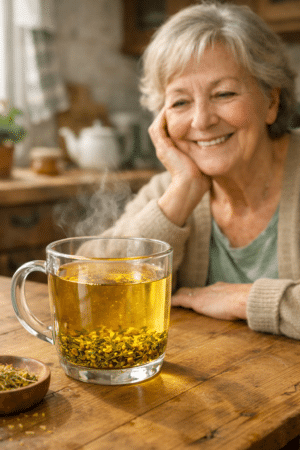 Glastasse mit Goldrutentee
