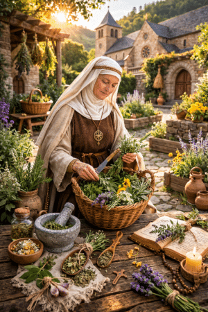 Hildegard von Bingen im Klostergarten beim Kräuter sammeln – mittelalterliche Heilpflanzen, Kräuterwissen und Naturheilkunde