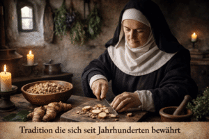 Klosterfrau beim schneiden einer Galgantwurzel