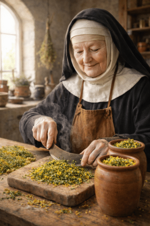 Nonne verarbeitet Goldrutenkraut
