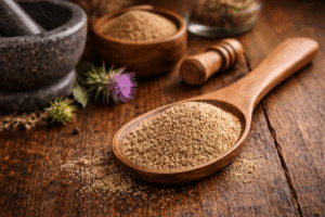 Fein gemahlene Bio Mariendistelsamen auf einem Holzlöffel, dekoriert auf rustikalem Holztisch mit Mörser und Mariendistelblüten