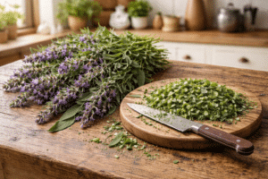 Salbei mit Blüten am Holztisch