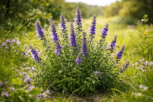 Blühendes Ysopkraut auf einer Waldwiese.