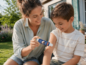Junge Mutter trägt ihrem Sohn im sommerlichen Garten den BALLISTOL Stichfrei Cooling Roll-On auf einen Insektenstich am Arm auf.
