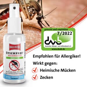 Ballistol Stichfrei Sensitiv mit Bild einer Mücke