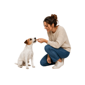Junge Frau mit Knusperecke und kleinen Hund