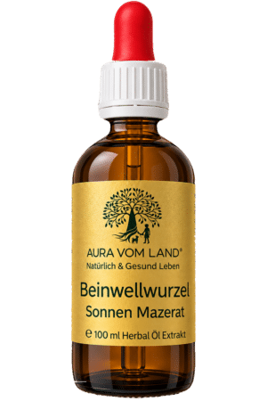 Bio Beinwellwurzelöl Sonnenmazerat von Aura vom Land in einer 100-ml-Braunglasflasche mit Pipette