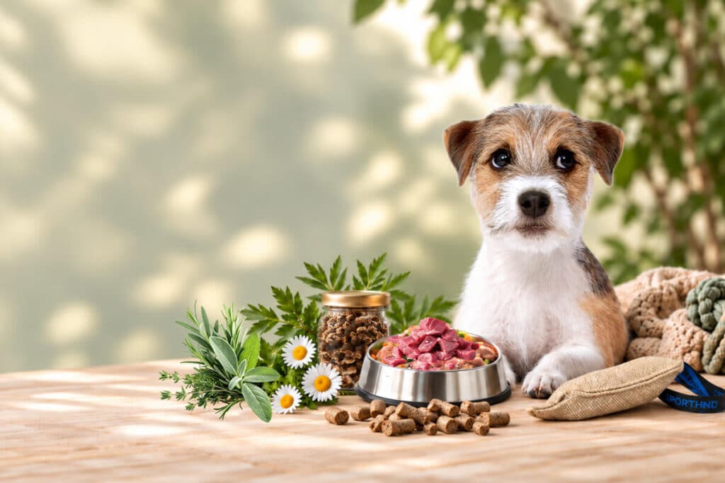 Junger Terrier mit Bio-Nassfutter, Leckerlis und Kräutern