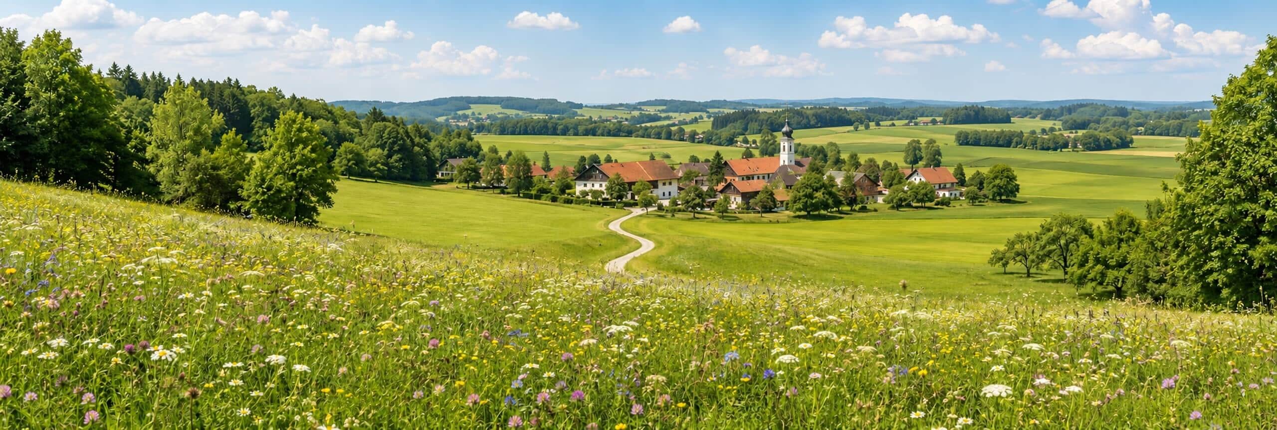 Sommerliche Wiesenlandschaft mit Dorf im Voralpenland